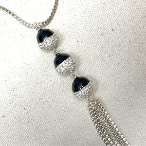 SU Silver Plated Crystal Rhinestone Pave Sphere Tassel Box Chain Necklace 32"